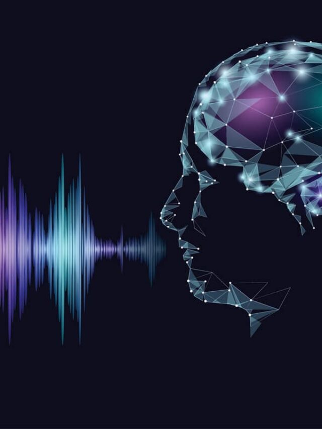 Top 7 Best AI Voice Generator Websites, a futuristic cityscape with digital waves, holographic screens displaying website interface