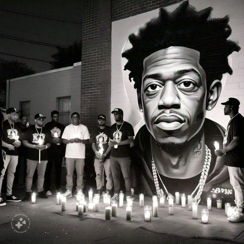 A somber image of a candlelight vigil for Rich Homie Quan