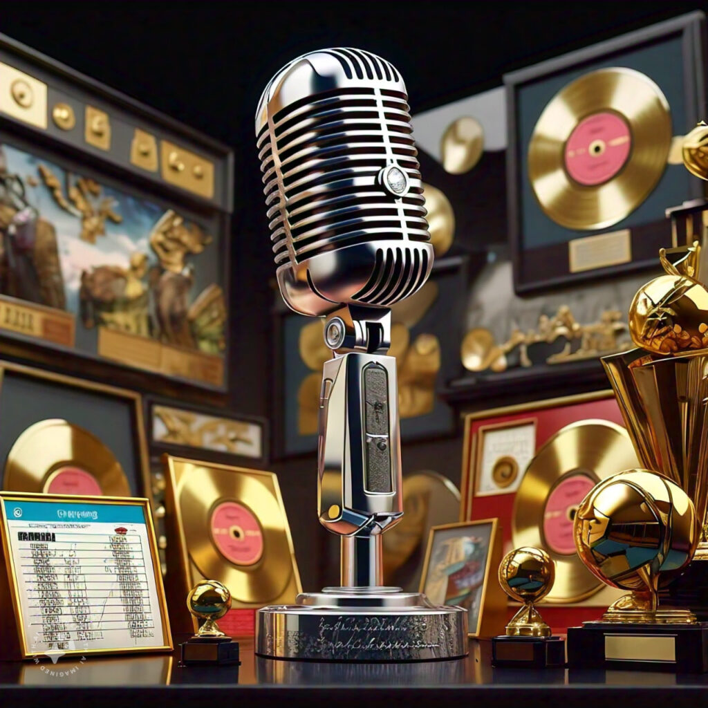 An image showing gold records, music charts, and trophies surrounding a microphone, symbolizing Rich Homie Quan hit tracks